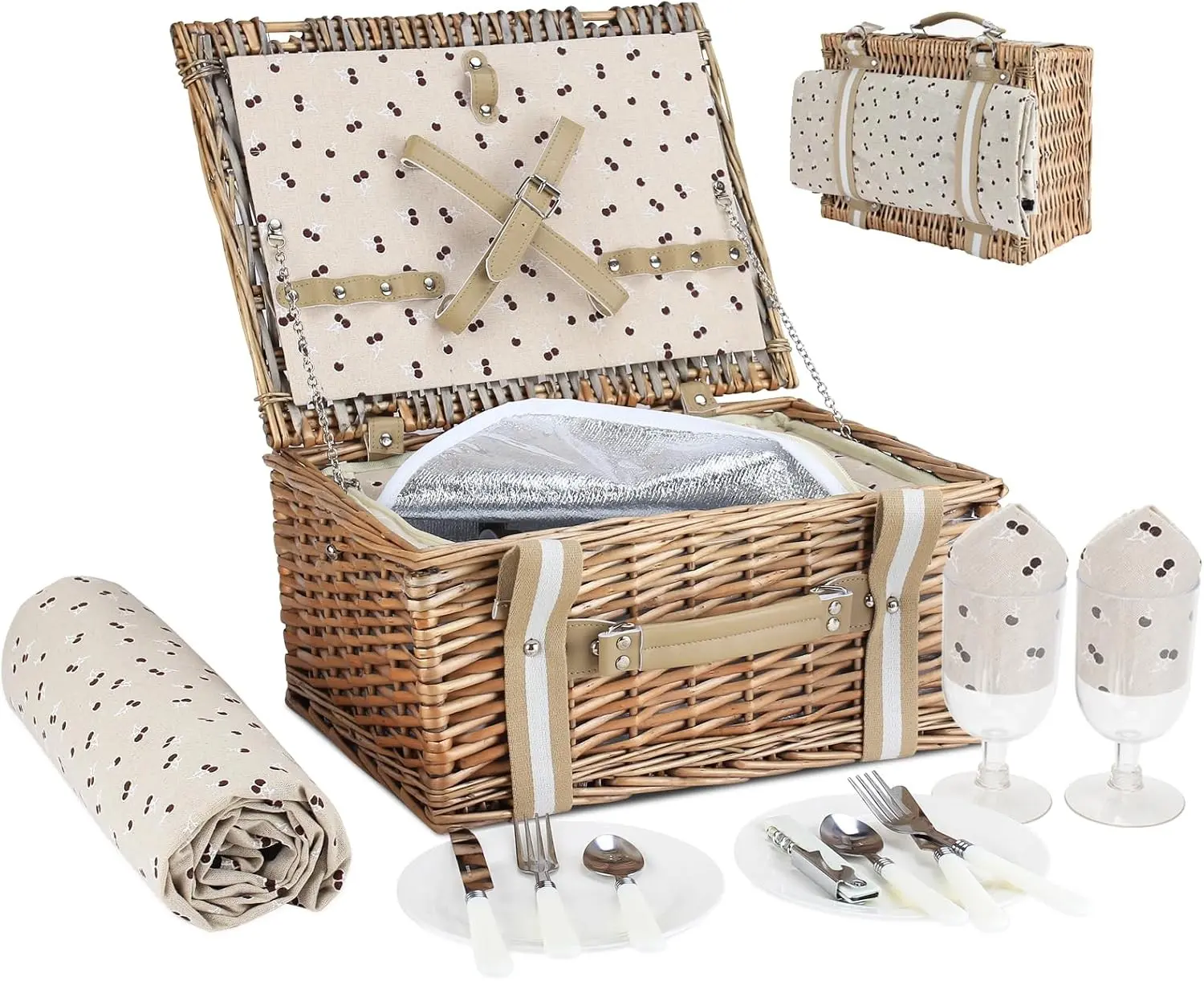 Picnic Basket Set for 2 Persons with Large Insulated Cooler Bag and Waterproof Picnic Blanket, Wicker Picnic Hamper for Camping,Outdoor,Birthday