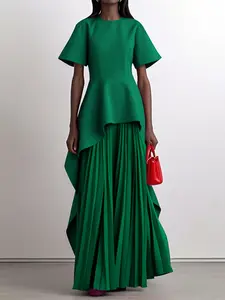 Spring Summer New Women's A-Line High Waist Pleated Solid Color Slit Round Neck Short Sleeve Long Dress, Fashionable and Comfortable