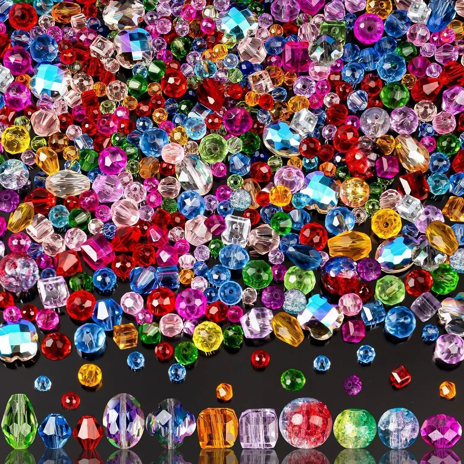 Bulk Assorted Faceted Glass Beads (636pcs) for Jewelry Making, Crafts - Colorful, Holed Rainbow Crystal Beads for Bracelets, Earrings