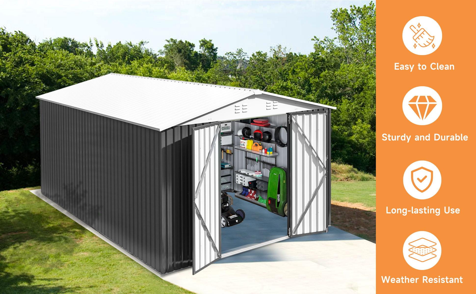 10x14 Outdoor Storage Shed, Garden Shed with Updated Frame Structure and Lockable Doors, Metal Tool Sheds for Backyard Garden Patio Lawn, White 10x14 Outdoor Storage Shed, Garden Shed with Updated Frame Structure and Lockable Doors, Metal Tool Sheds for Backyard Garden Patio Lawn, White