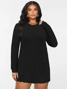 Women's Plus Size Mid-Length Knit Sweater, Round Neck Long Sleeve Solid Color Pocket Long Top, Fitted Casual Fashion for All Seasons, Knitwear