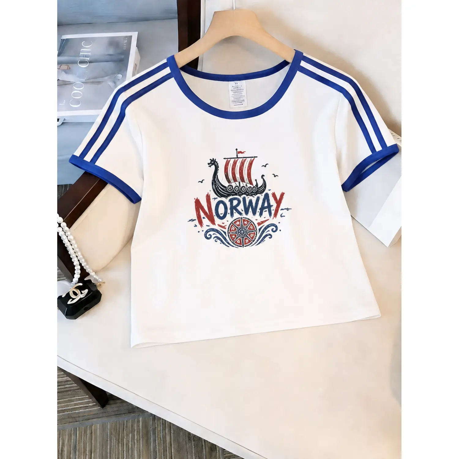 Women's Norway Graphic Print Short Sleeve Jersey, Casual Crew Neck Top in White and Blue