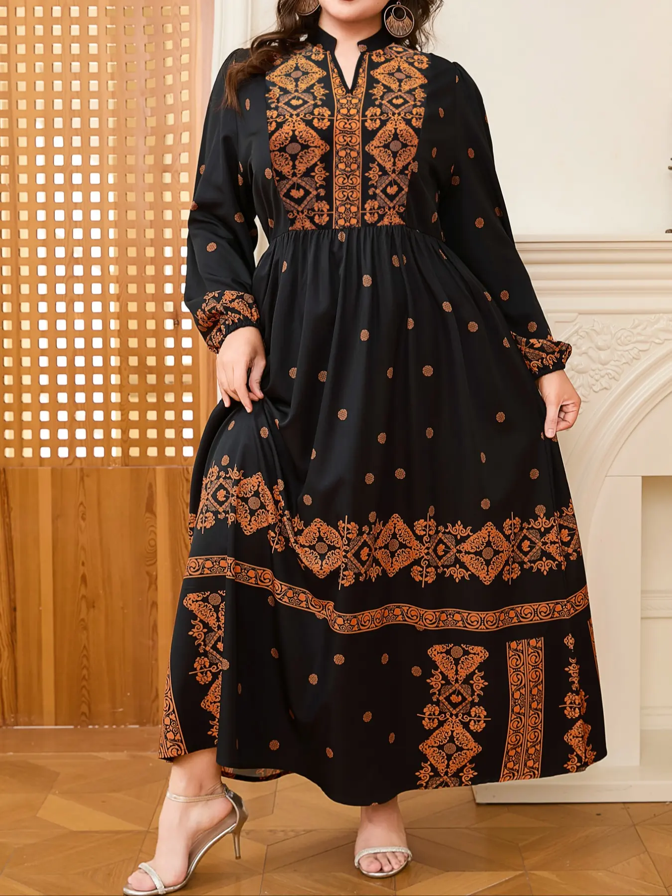 Women's V Neck Long Sleeve Maxi Dress, Casual Boho Bohemian Comfortable  Printed Fabric, Plus Size Fashion for All Seasons