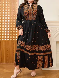 Women's V Neck Long Sleeve Maxi Dress, Casual Boho Bohemian Comfortable Printed Fabric, Plus Size Fashion for All Seasons