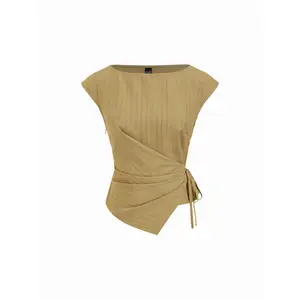 Cider Textured Boat Neck Asymmetrical Hem Knotted Wrap Blouse SwimWeek