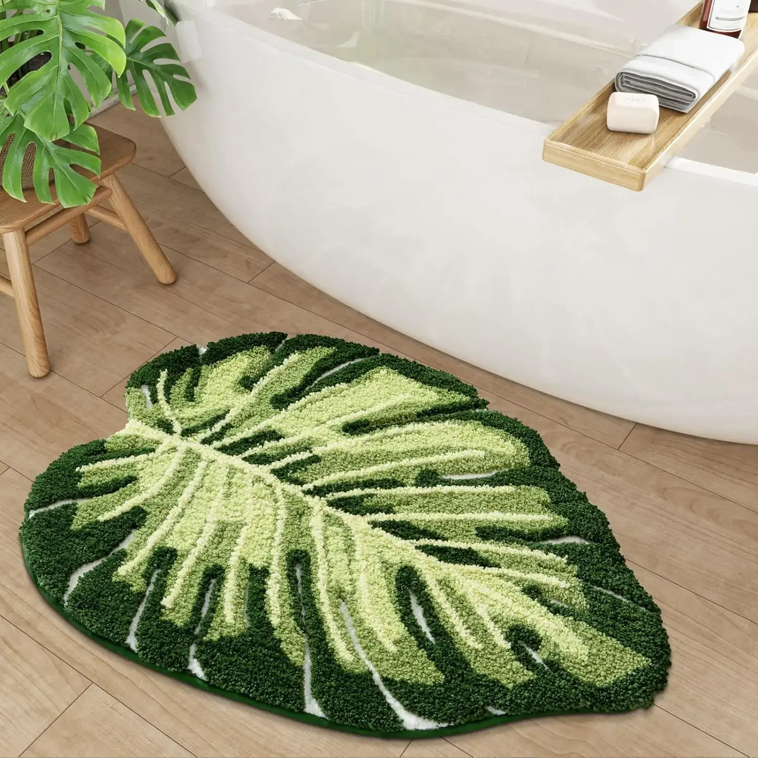 Non-Slip Soft Microfiber Bath Mat (31.5In*23.5In) - Green Leaf Canopy, Tropical Palm Hawaiian Plants Decor, Absorbent Fluffy Tufted, Anti-Slip Tread, Machine Washable, Shower Use, Home Goods, Ideal Gift