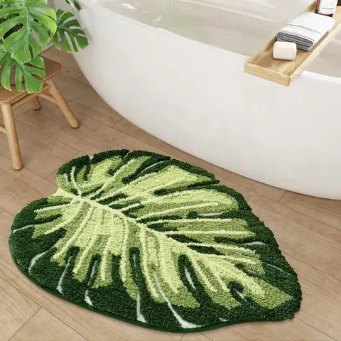Green Tropical Leaf Tufted Microfiber Bath Mat (31.5Inx23.5In) - All Weather Waterproof, Nonslip, Absorbent Fluffy, Comfortable Durable, Machine Washable, Plant Motif Aesthetic, Bathroom Decor, Rugs for Bedroom, Ideal Gift