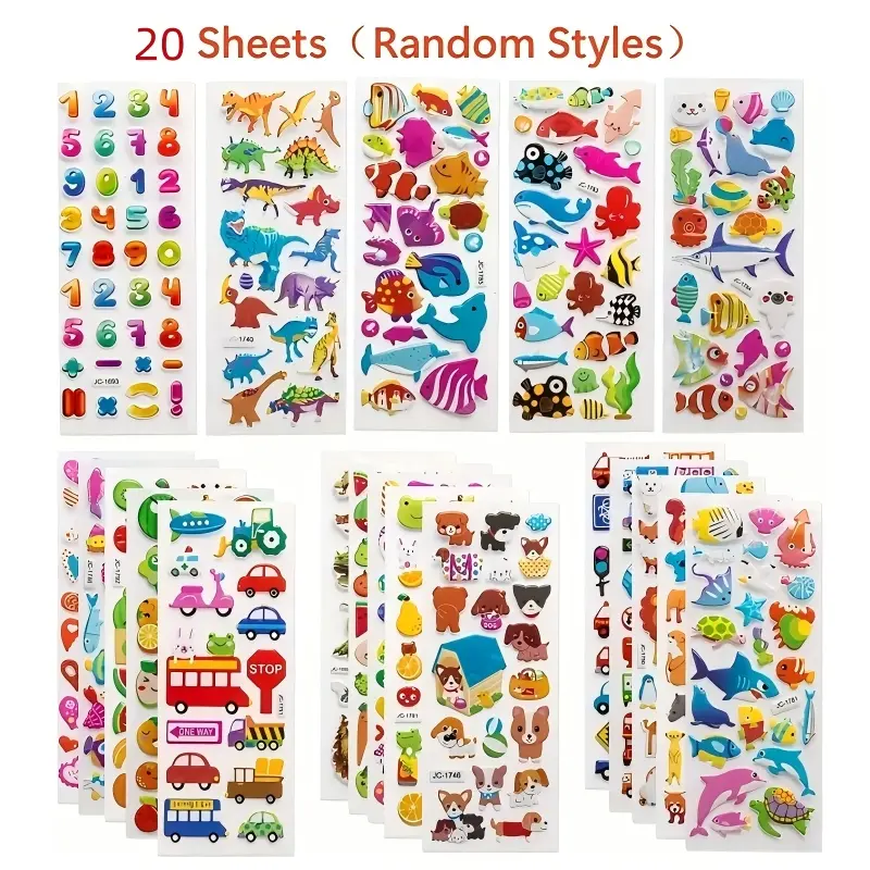 3D Stickers for Kids & Toddlers, Bulk Preschool Sticker Sheets, Puffy Stickers Variety Pack, Scrapbooking Art Stickers, Animals, Numbers, Fruits, Fish, Dinosaur, Cars, Fun Stickers