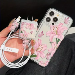 Transparent Airbag iPhone Case Set with Floral Butterfly Design, Includes Charger and Cable Protection, Compatible with iPhone 15/14/13/12/11