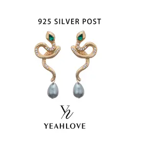 YEAHLOVE Glam Gold Snake Drop Earrings  925 sterling silver posts — sensitive ears friendly. Emerald crystals + gray pearls for a vintage vibe. Trendy, luxurious, and perfect for parties, daily wear, or the perfect gift for her.