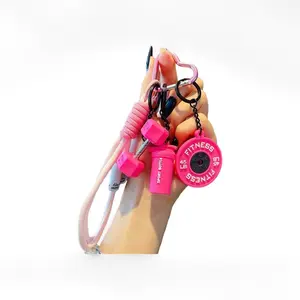 Gym Girl Essentials! Hot Pink Fitness Keychain with Dumbbell, 45LB Weight Plate & Sport Bottle Charms - Aesthetic Bag Pendant for Fitness Lovers