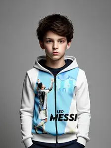 Messi Argentina Dream Ronaldo Jersey! Boy Hooded Zipper Top, Graphic Team Hoodie, Celebratory Action Print, Cute Fitted Round Neck, Fall & Winter