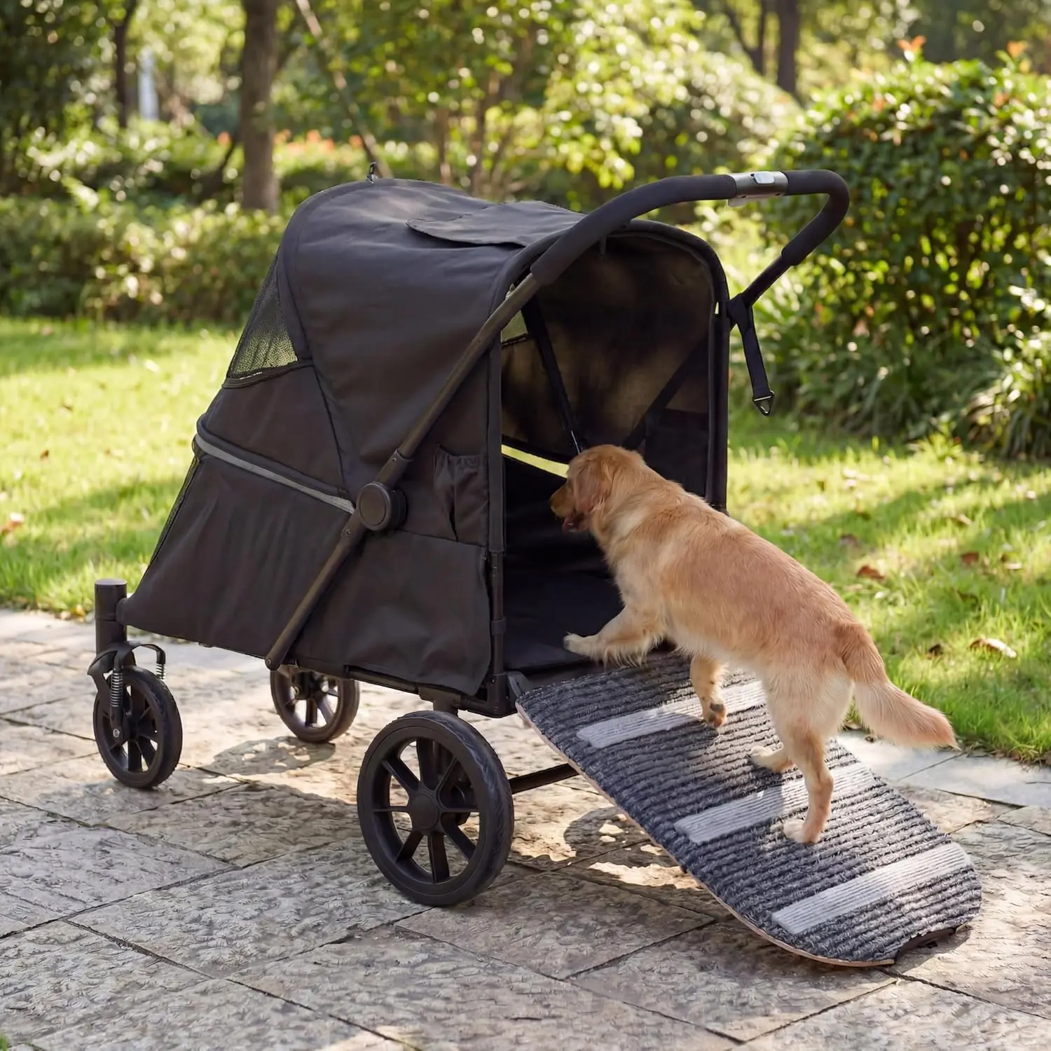 LAUSAINT HOME 4 Wheels Pet Stroller, Foldable Oversized Dog Stroller for Medium & Large Dogs with Built-in Access Ramp, Lightweight Dog Cat Carrier with Breathable Mesh Cover, Khaki