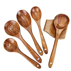 Wooden Cooking Utensils Set, Kitchen Wooden Spoons with Spoon Holder, Comfortable Handle, Non-Stick Wooden Cookware, 6-Piece Set, Kitchen Cooking Accessories