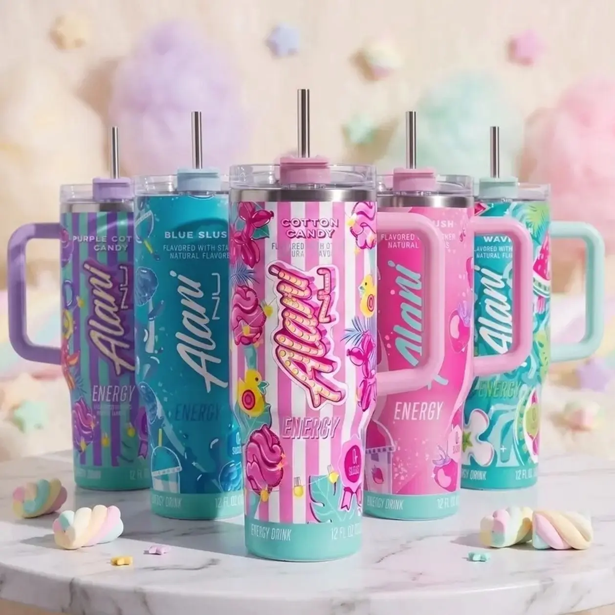 Alani Nu Energy Drink Inspired 40oz, 30oz Tumbler with Handle and Straw, Stainless Steel Insulated Travel Water Bottle, Cotton Candy Y2K Pastel Aesthetic Cup