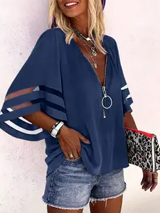 A women's solid color mesh spliced loose casual fashion Blouse V-neck zipper shirt Top with half bell sleeves, suitable for summer, daily casual wear, and going out.