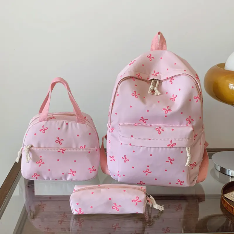 Women & Students' High-Capacity Nylon Bow Pattern Backpack Set, 3 Backpacks Ready, Preppy Casual Travel Daypack, School Supplies Bag