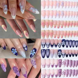 96pcs Medium Long Almond Press-On Nails, Glossy Finish, 3D Gel Petal Design, Nail Art Design, Nail Art Diy, Blush & Leopard Print, Suitable for Women and Girls