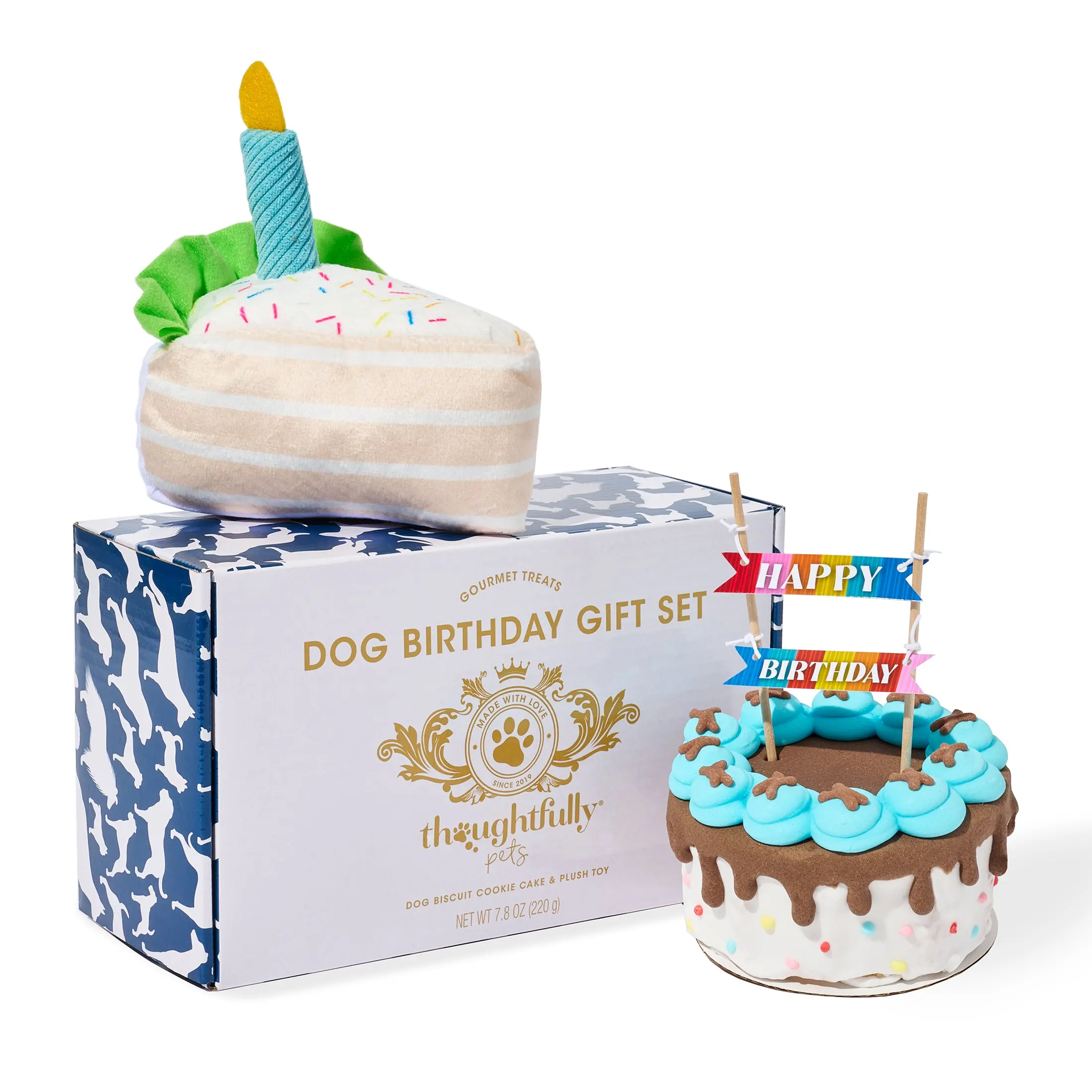 Thoughtfully Pets Dog Birthday Cake and Plush Toy Set, Mini Cookie Cake Treat with Birthday Banner Decoration, Puppy Party Celebration Gift, Hand Decorated Hollow Biscuit Treat for Dogs