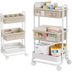 Baby Diaper Organizer Cart - 3 Tier Rolling Cart with Wheels, Nursery, Detachable Dividers - for Crib, Bedroom, Art & Craft Organizer (Off White)