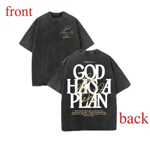 ToolHeaven Retro Washed T-Shirt Double Sided Printed  Pure Cotton 'GOD HAS A PLAN' Letter Print Men's Casual Comfortable Fashionable Street Style Vintage Distressed Tropical Festive Streetwear Crewneck Short Sleeve