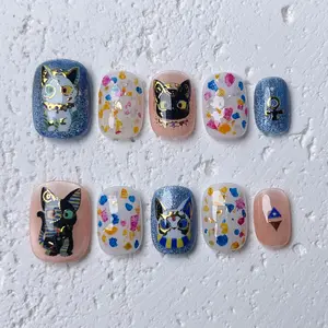 [Mystic Cats] Short Square Handmade Press on Nails, Fake Nails with Nail tool kit with Jelly Stickers, Reusable, Durable