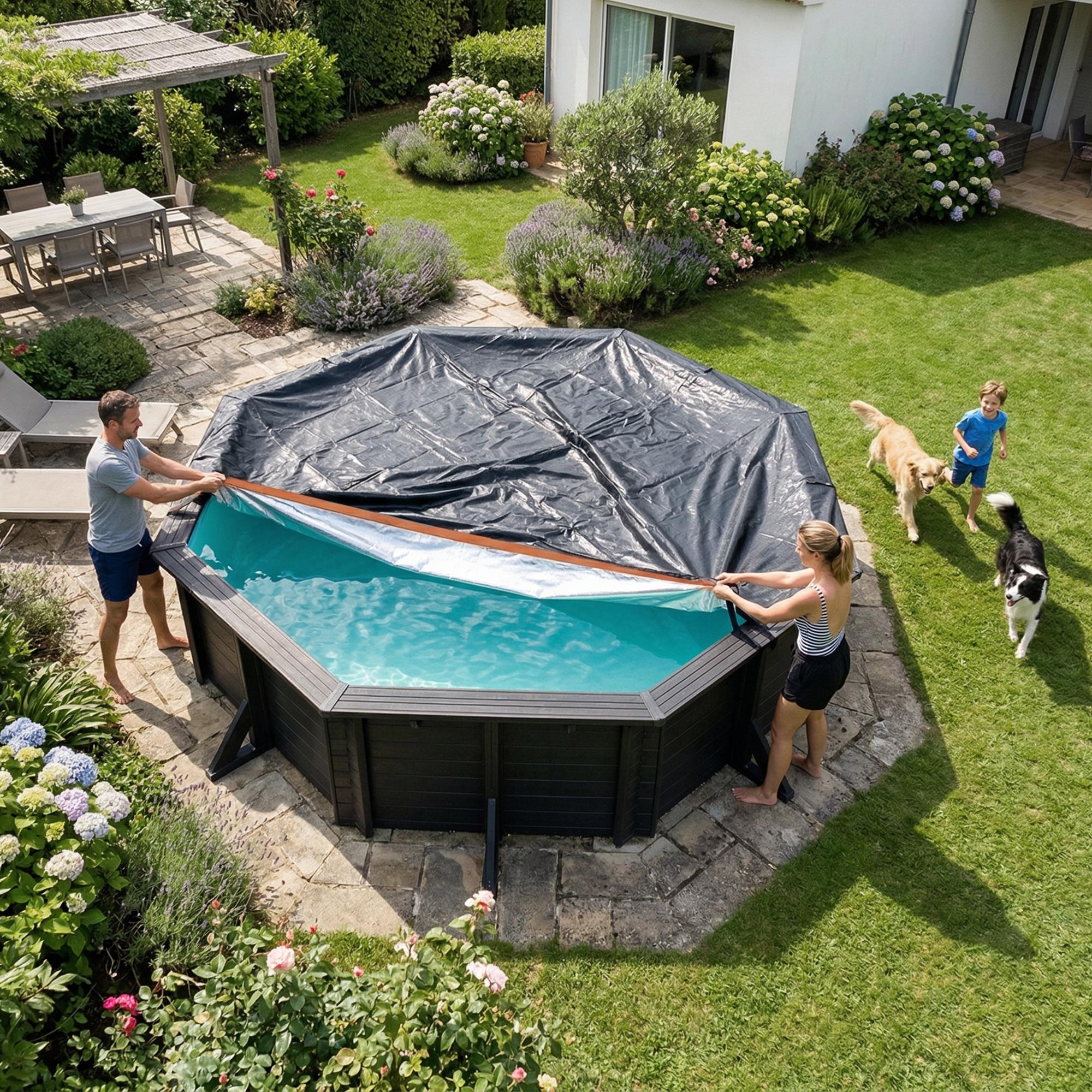 New upgrade 12FT Round Above-Ground Pool Cover Solar Waterproof with Accessories Included for Pool Equipment Shade & Heater Safety way plus org aqua outdoor