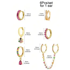 6Pcs/Set Multicolored Earrings for Women Ear Cuff Colorful Zirconia Chain Hoop Dangle Earring Women Vacation Jewelry Accessories Copper Alloy Trendy with Rhinestone & Water Drop Elements - Flowers