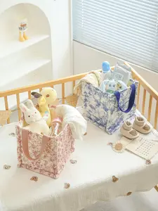 CharmCart Quilted Square Storage Basket with Long Handles – Structured Fabric Organizer Bin for Nursery, Bedroom & Home Decor Foldable