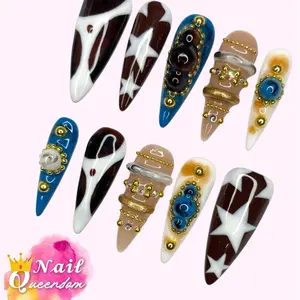 Nail Queendom [RODEO PRINCESS] Handcrafted 3D Press-On Nails Reusables Long Lasting Salon Quality Easy Application 10 Pieces Set Eco-Friendly 3D-gel Finish