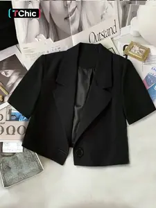 Women's Short Sleeve Blazer Jacket, V-Neck Lapel Design, Loose-Fit Outerwear, Essential for Office Commute, Plain Pattern, Womenswear
