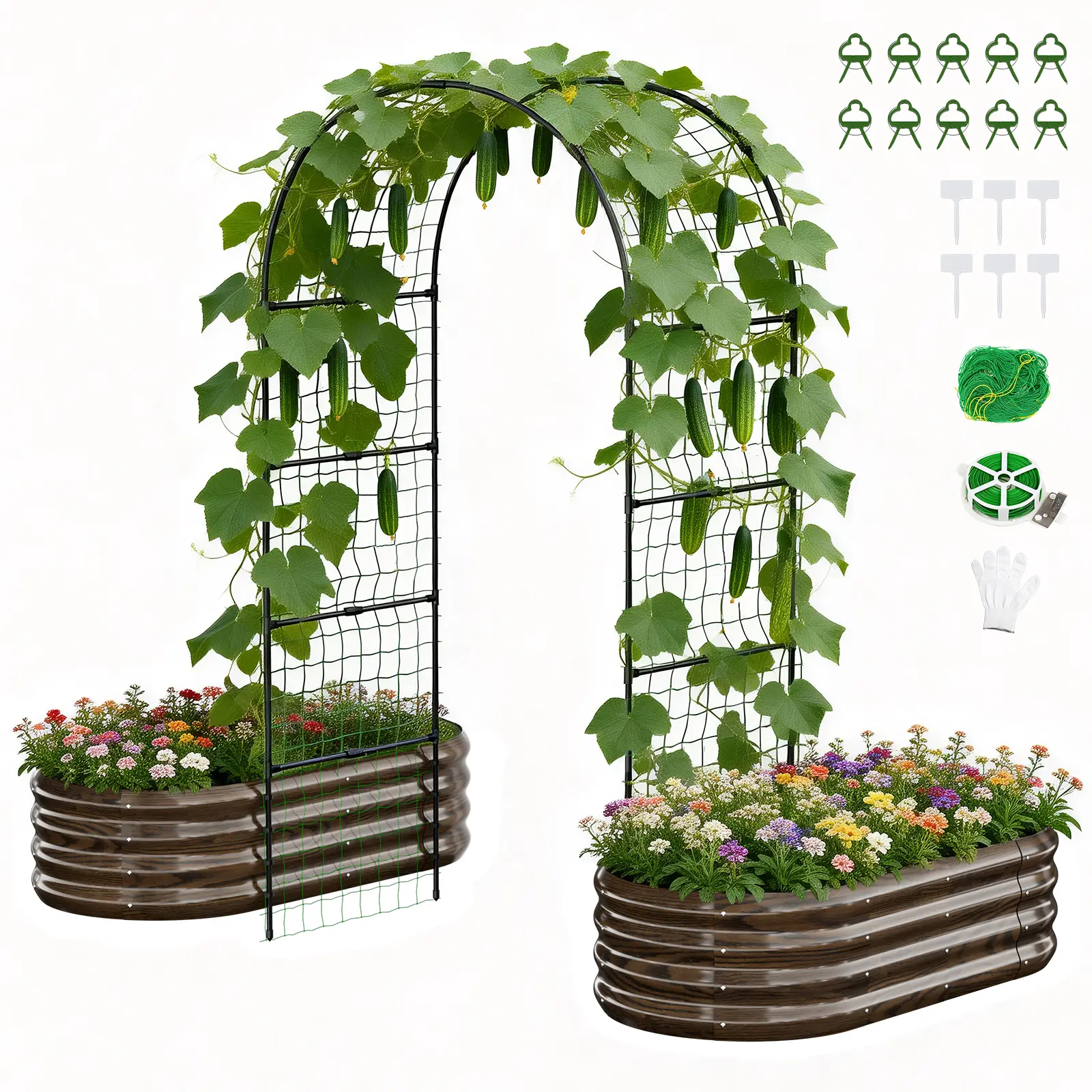 Lilypelle Galvanized Raised Garden Bed Set - 2-in-1/3-in-1 Planter Boxes with 71-in/87-in Trellis, Climbing Net for Outdoor Vertical Gardening, Grow Raised Garden Kits, Ideal for Cucumbers & Beans, Fruits, Flowers, Raised Beds, 71" Or 87" Arch