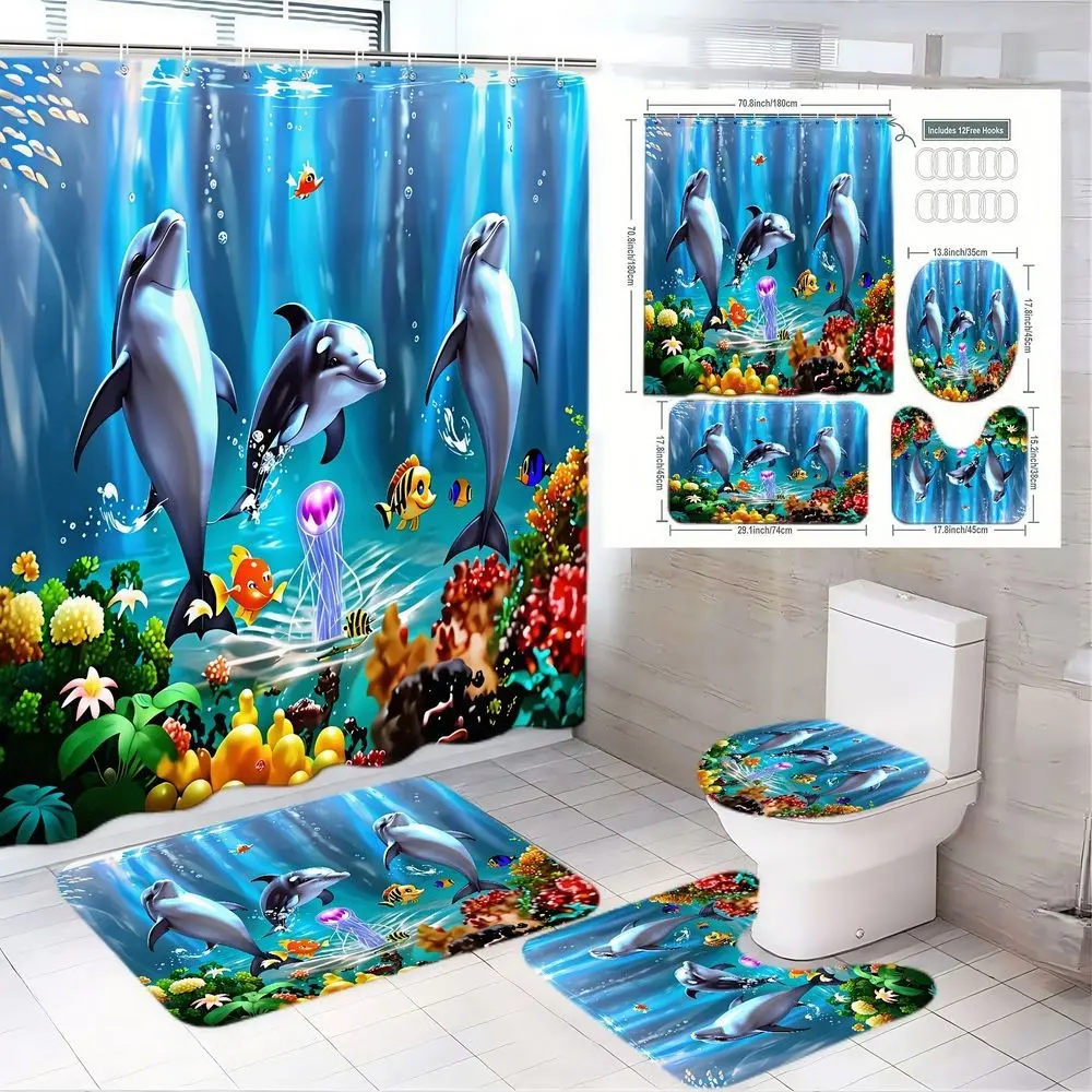 4pcs Ocean-Themed Shower Curtain Set, Bathroom Shower Curtain Sets, with Dolphins, Tropical Fish, and Coral Reefs, Bathroom Decor with Bath Mat, U-Shaped Toilet Mat, and Toilet Lid Cover for Nautical Aesthetic and Coastal Vibes