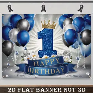2D Flat Banner, 1pc 1st Birthday Decoration - Blue & Golden/White Theme Party Decorations for 1st Birthday, Shower, Gender Reveal - Polyester Decoration, Birthday Party Decorations, Party Decoration Supplies, Balloons For Birthday Party