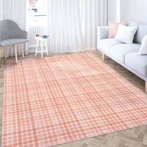 Crayola Plaid Area Rug By Well Woven - Soft Gingham Design, Elegant Salmon Color
