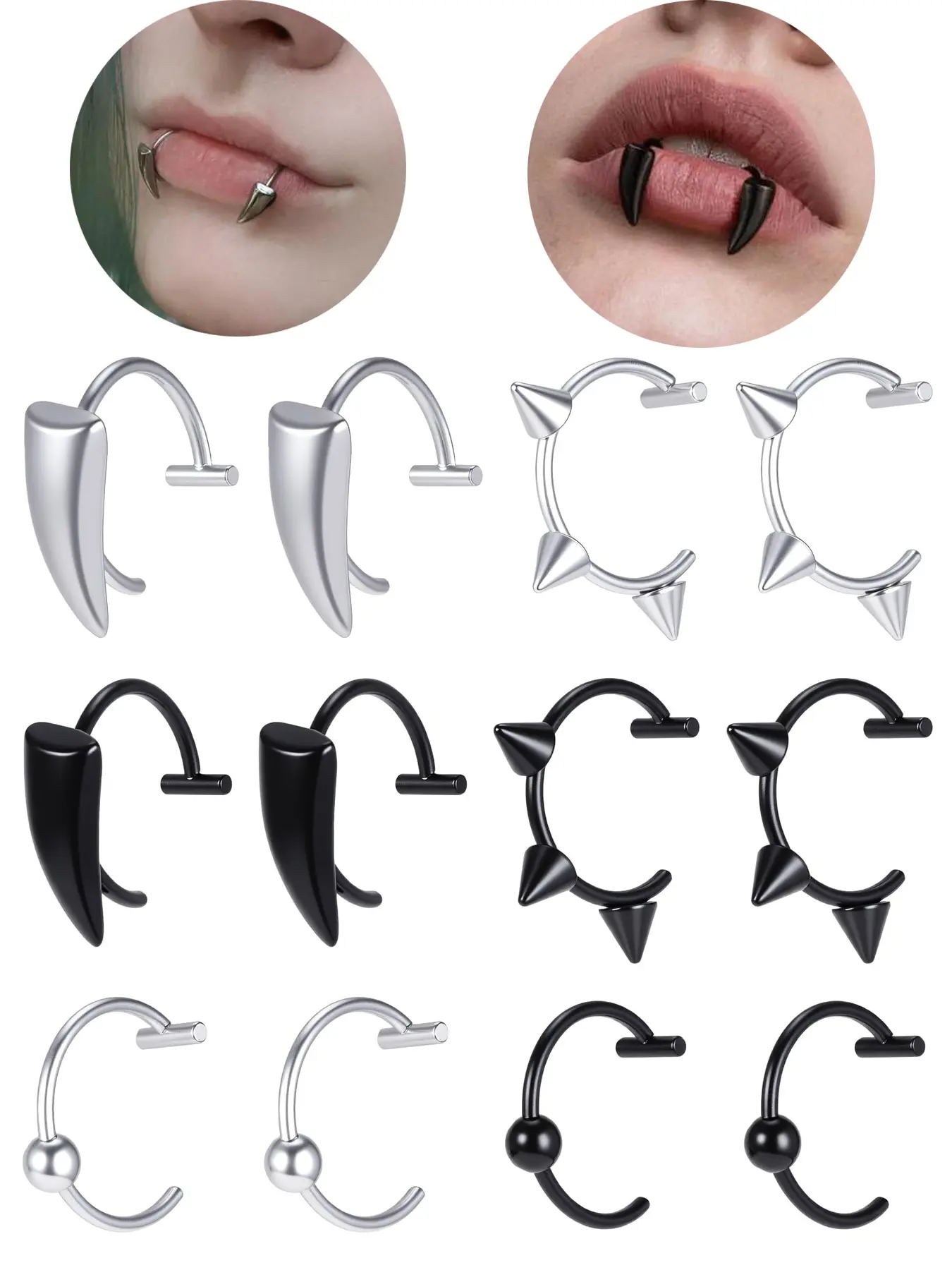 12Pcs Fake Lip Ring Mouth Ring Vampire Teeth Ring Fake Snake Bite Non-Piercing Lip Cuff Ear Cuff Stainless Steel Adjustable Labret Piercing Jewelry Set for Women Men Punk Dental Jewelry
