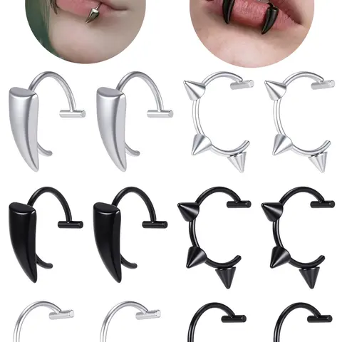 12Pcs Fake Lip Ring Mouth Ring Vampire Teeth Ring Fake Snake Bite Non-Piercing Fake Piercings Lip Cuff Ear Cuff Stainless Steel Adjustable Labret Body Jewelry Piercing Jewelry Set for Women Men Punk Dental Jewelry