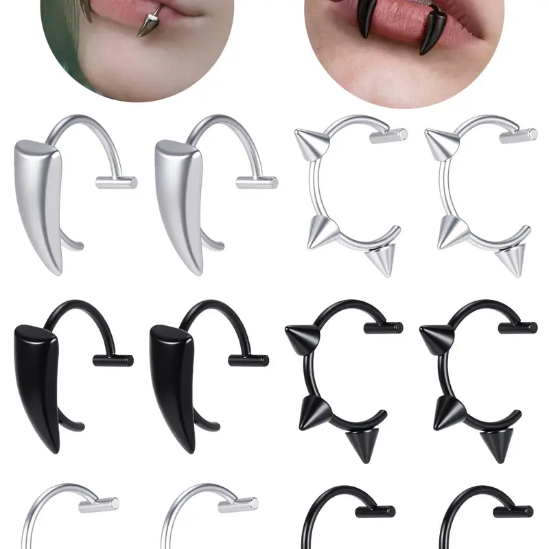 12Pcs Fake Lip Ring Mouth Ring Vampire Teeth Ring Fake Snake Bite Non-Piercing Fake Piercings Lip Cuff Ear Cuff Stainless Steel Adjustable Labret Body Jewelry Piercing Jewelry Set for Women Men Punk Dental Jewelry