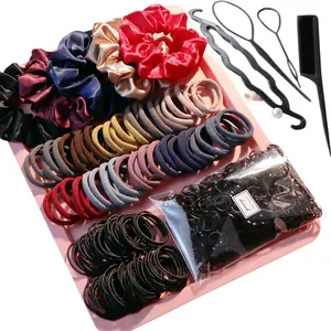 Hair Accessories Set: 755 count Seamless Ponytail Holders, Variety Scrunchies, Bands and Ties for Thick and Curly Hair (Dark)