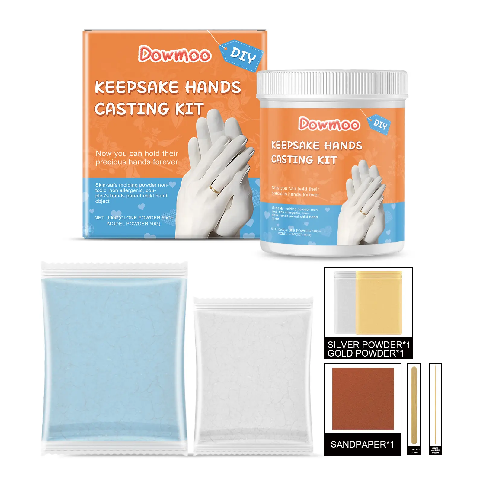 Dowmoo Keepsake Hands Casting Kit with Silver & Gold Powder Sandpaper for DIY Hand Casting Projects