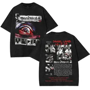 Manhunt 2 Double Printed Washed 2 Sided Printing T-Shirt RPG action Video anime manga Games movie Streetwear graphic tees