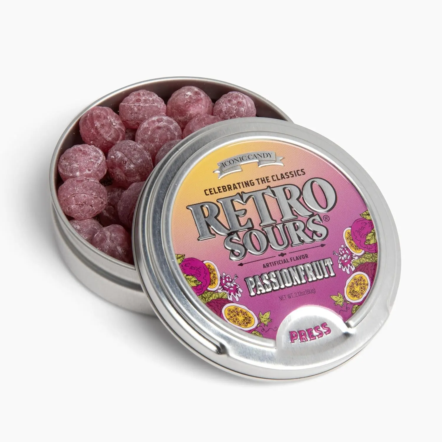 Retro Sours Passionfruit Hard Candy (1 - 2.12oz Tin) – Tangy Sour Candy Tin, Classic Fruit Candy, Nostalgic Retro Treat
