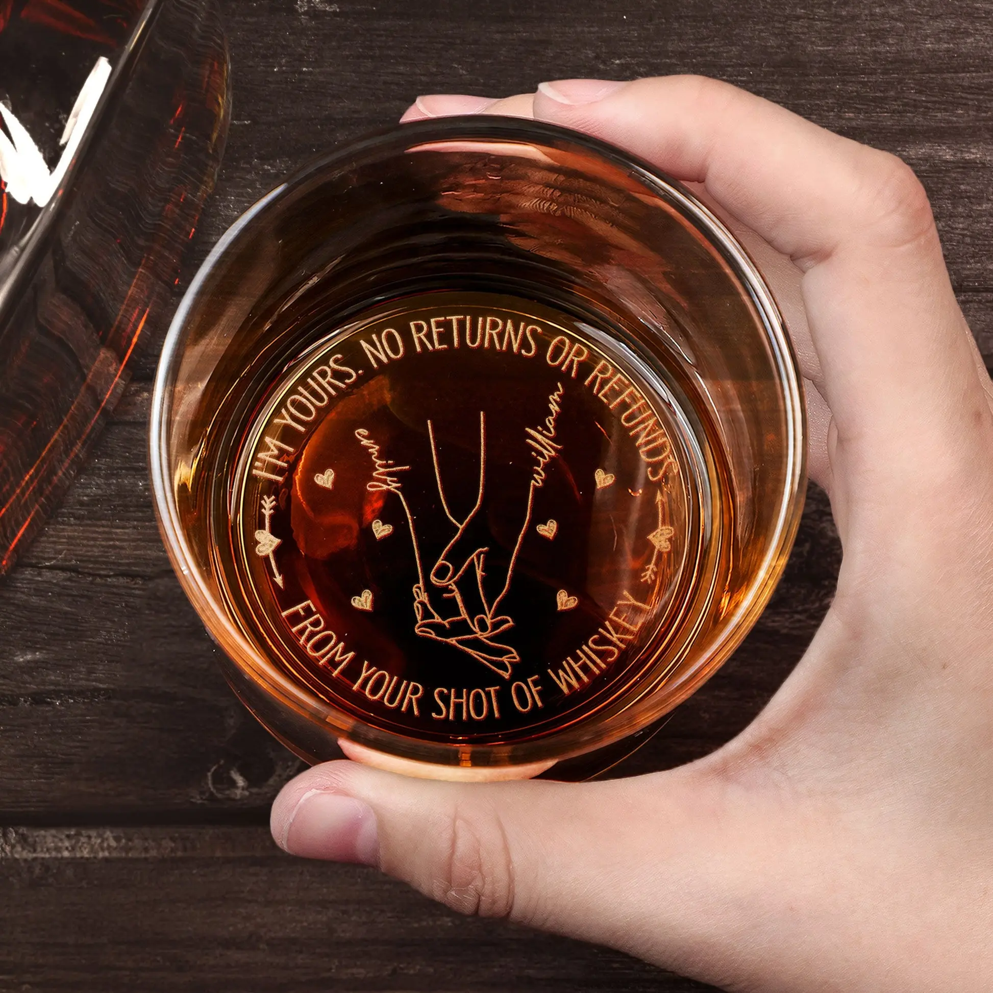 I'm Yours No Returns Or Refunds - Personalized Engraved Whiskey Glass High quality laser engraved whiskey glasses, Personalize your handwriting Gifts for couples, Home Decor & Gifts, Funny gift for men and women, Drinkware, Halloween Stylish
