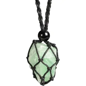 Natural Gemstone Crystal Pendant Necklace Stone Holder Necklace Cord Hand-Woven Necklace with Adjustable Length for Women Men