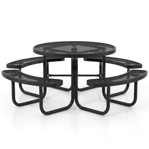 COSTWAY -   45 Inches Outdoor Round Picnic Table and Bench Set for 8 with Umbrella Hole-Black