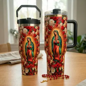 Virgin Mary Our Lady of Guadalupe Tumbler 40oz 30oz with Handle, Catholic Floral Stainless Steel Cup, Religious Gift, Insulated Hot Cold Drink Mug