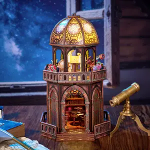DIY Observatory Bookend 3D Puzzle, Wooden Miniature House Kit with LED Light, Astronomical Themed Diorama for Bookshelf Decor & Gift