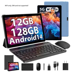 Android 14 Tablet 10.1" IPS HD, 12GB RAM + 128GB ROM, Quad-Core, 8000mAh, Dual-Band WiFi, Keyboard Mouse Case Stylus, No SIM card slot,WiFi only – Blue