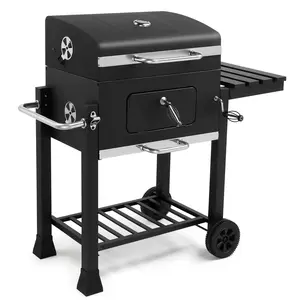 24 Inch Large Charcoal Grills with Foldable Side Table, Outdoor Barbecue Grill with 560 Sq. In. Cooking Area, BBQ Grill Charcoal with Thermometer for Backyard Patio Picnic Grilling, Black Portable Propane Griddle Double-Sided
