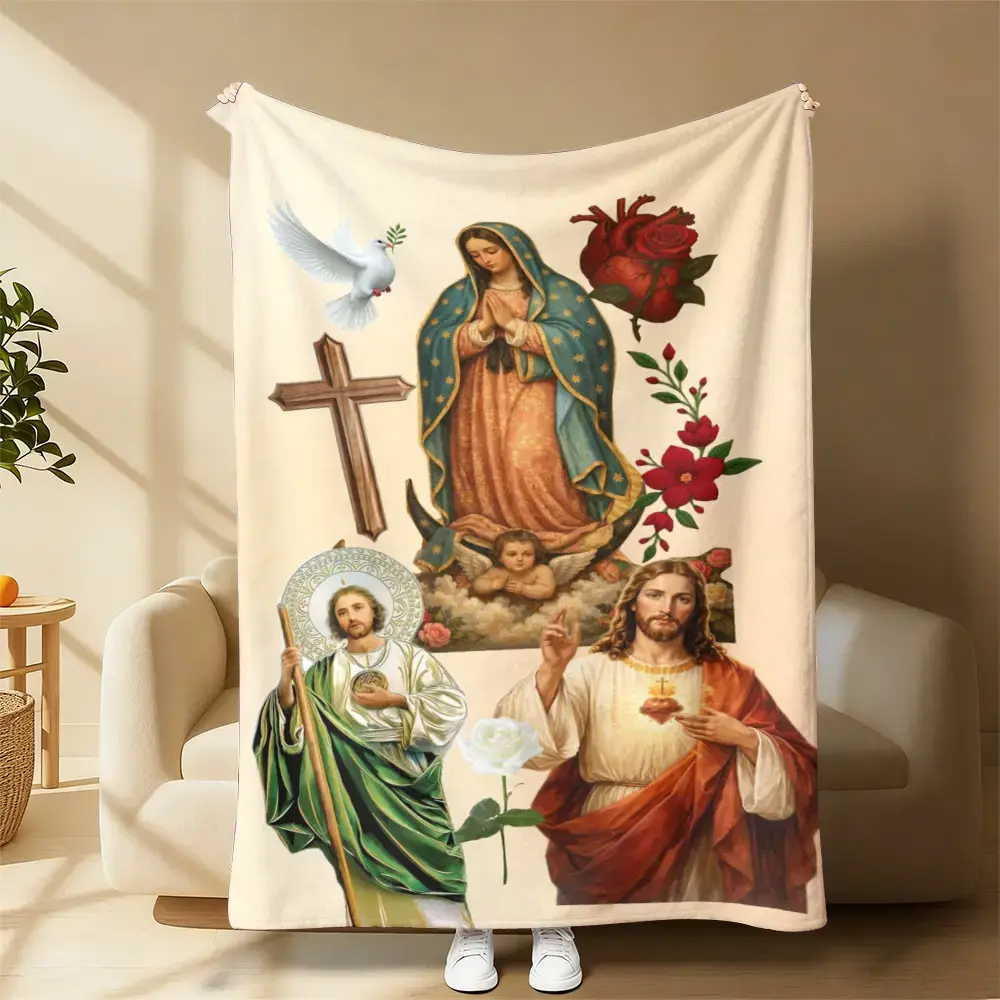 Vintage Catholic Religious Flannel Blanket Sacred Collage Print Our Lady Guadalupe Sacred Heart Jesus Saint Jude White Rose Dove Cross Artwork Soft Cozy Fleece Throw Blanket For Sofa Bed Couch Bedroom Prayer Room Indoor Warm Bedding All Seasons